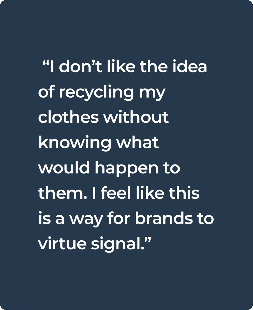 Usability testing quote - 
          I don't like the idea of recycling clothes without knowing what will happen to them. I feel like
          this is a way for brands to virtue signal